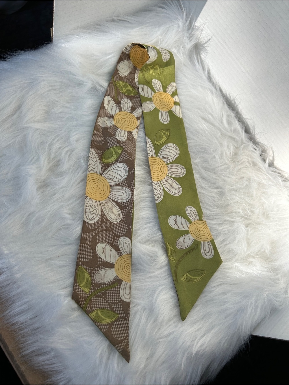 Coach Floral Daisy Printed Scarf Tie - Green & Brown